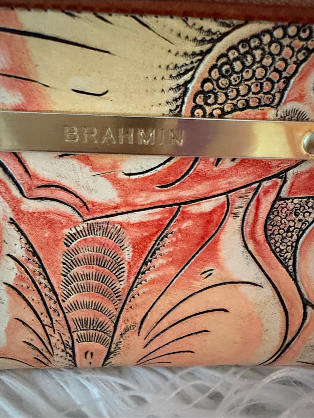 Brahmin Peach Floral Leather Zip Wallet with Gold Bar - Picture 3 of 10